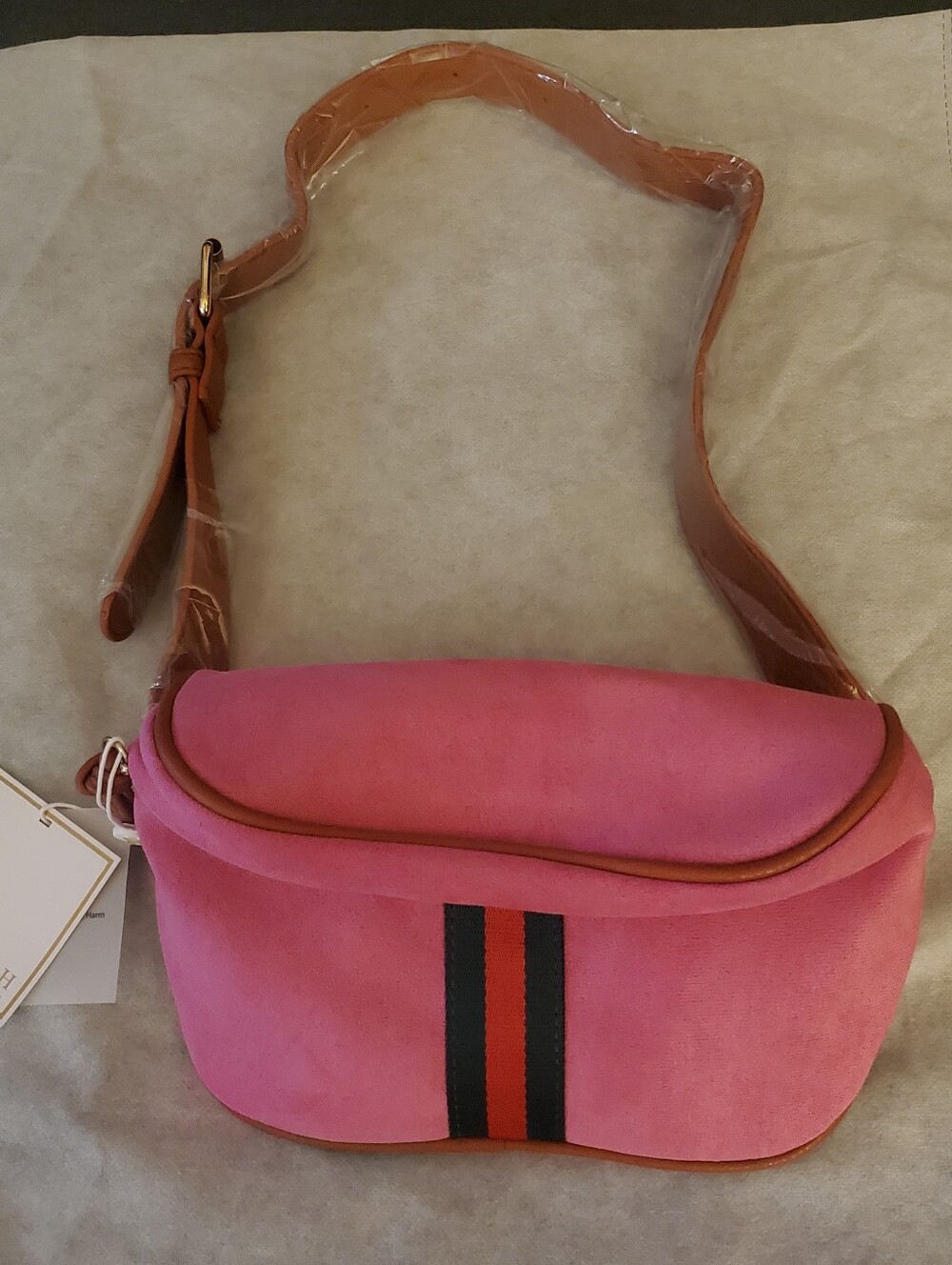 Pink Suede Belt Bag with Contrast Stripe